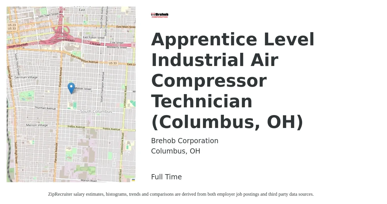 Brehob Corporation job posting for a Apprentice Level Industrial Air Compressor Technician (Columbus, OH) in Columbus, OH with a salary of $16 to $21 Hourly with a map of Columbus location.