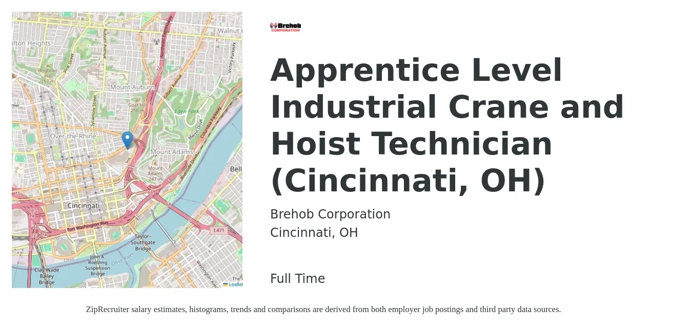 Brehob Corporation job posting for a Apprentice Level Industrial Crane and Hoist Technician (Cincinnati, OH) in Cincinnati, OH with a salary of $16 to $21 Hourly with a map of Cincinnati location.