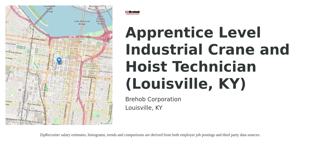 Brehob Corporation job posting for a Apprentice Level Industrial Crane and Hoist Technician (Louisville, KY) in Louisville, KY with a salary of $16 to $21 Hourly with a map of Louisville location.