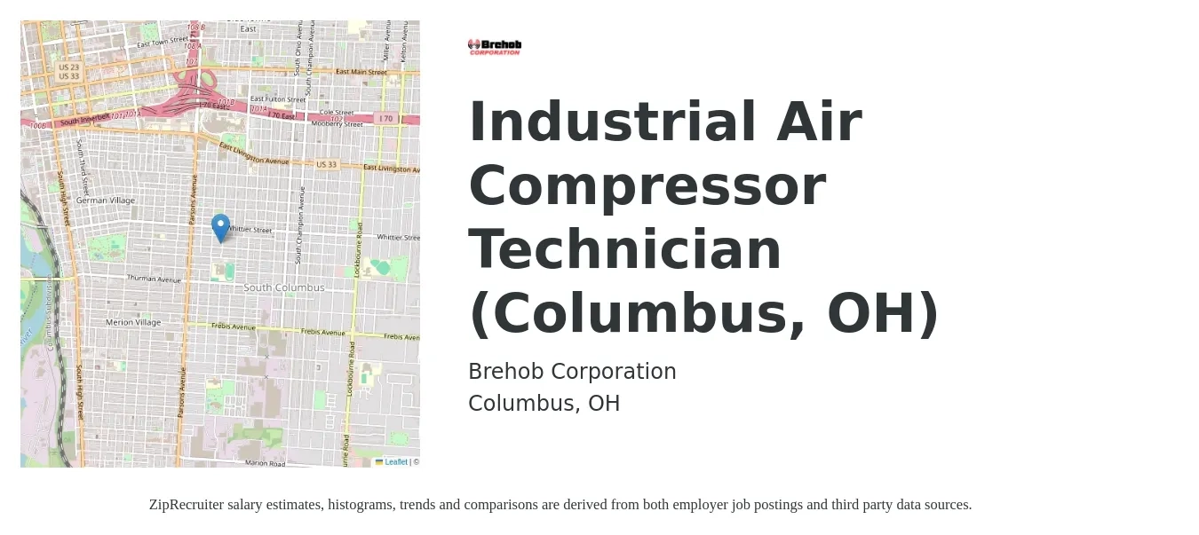 Brehob Corporation job posting for a Industrial Air Compressor Technician (Columbus, OH) in Columbus, OH with a salary of $24 to $31 Hourly with a map of Columbus location.