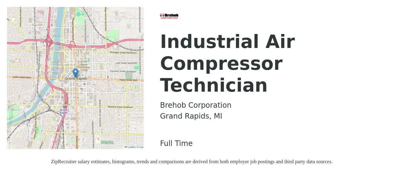 Brehob Corporation job posting for a Industrial Air Compressor Technician in Grand Rapids, MI with a salary of $24 to $31 Hourly with a map of Grand Rapids location.