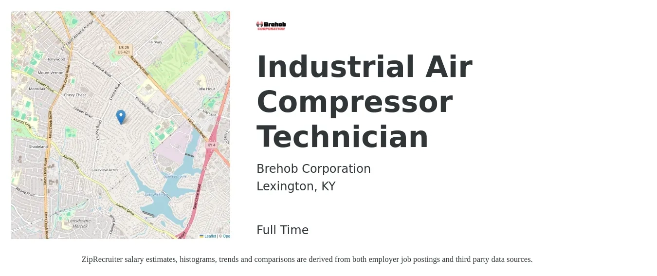 Brehob Corporation job posting for a Industrial Air Compressor Technician in Lexington, KY with a salary of $24 to $32 Hourly with a map of Lexington location.