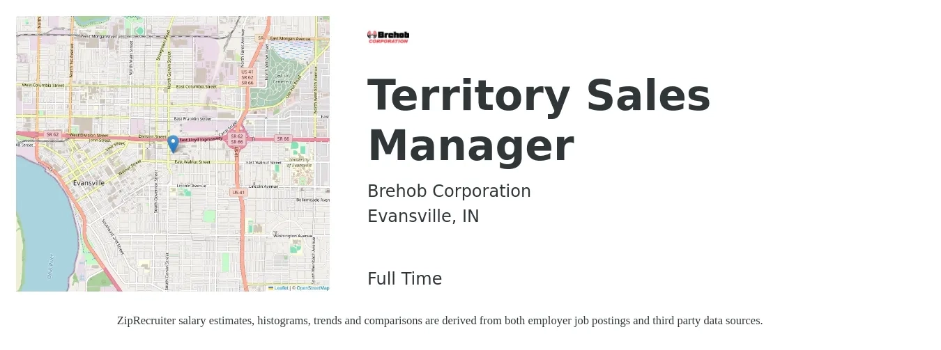 Brehob Corporation job posting for a Territory Sales Manager in Evansville, IN with a salary of $61,500 to $94,400 Yearly with a map of Evansville location.