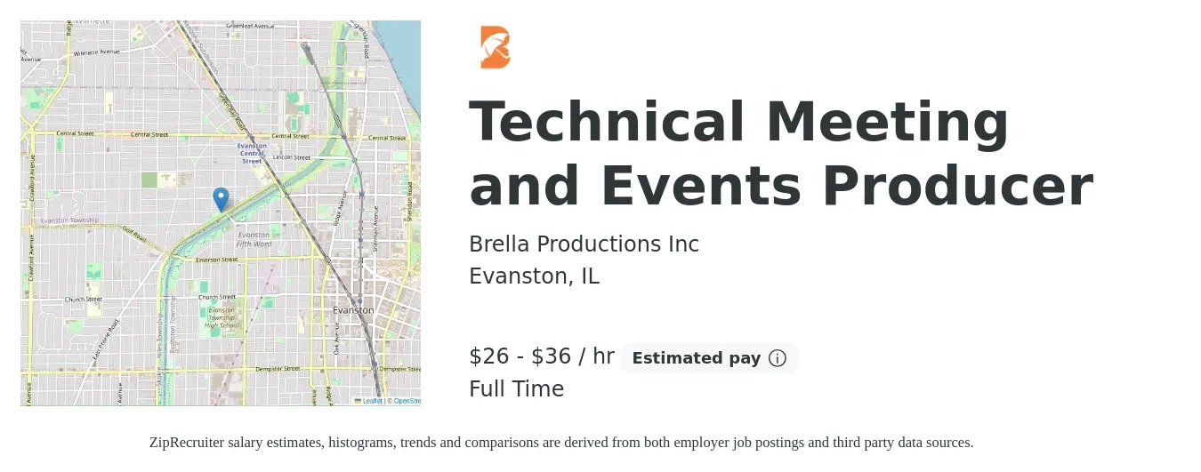 Brella Productions Inc job posting for a Technical Meeting and Events Producer in Evanston, IL with a salary of $28 to $38 Hourly with a map of Evanston location.