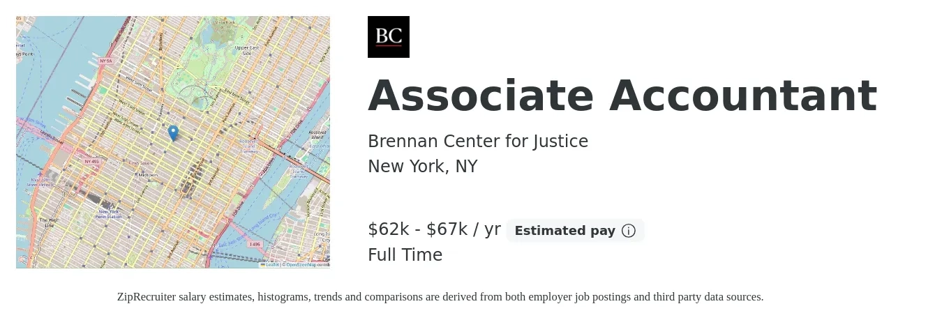 Brennan Center for Justice job posting for a Associate Accountant in New York, NY with a salary of $62,000 to $67,000 Yearly with a map of New York location.