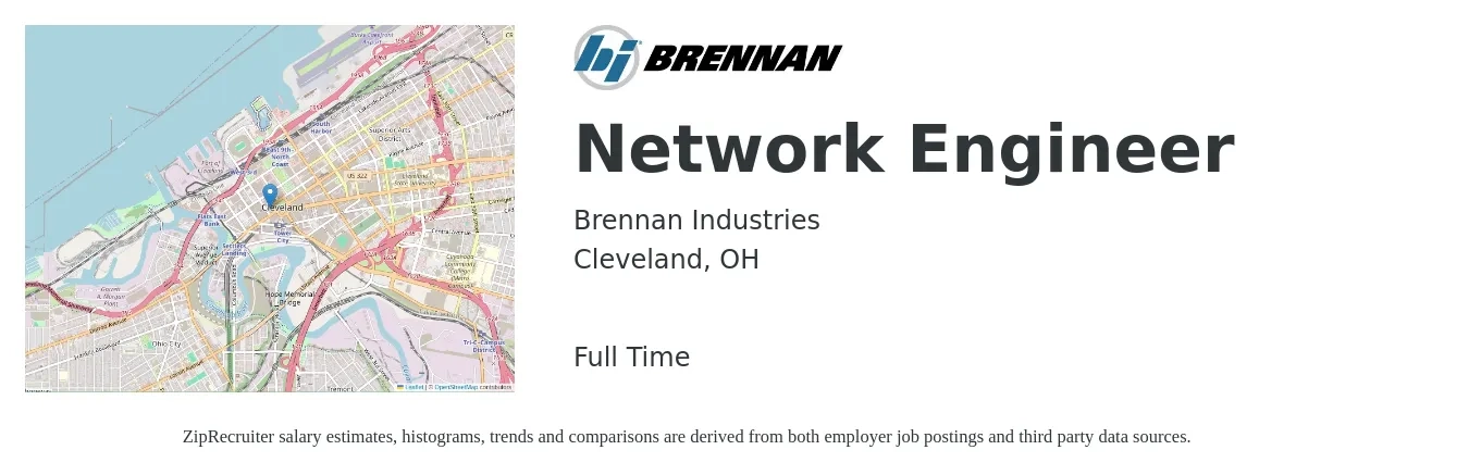 Brennan Industries job posting for a Network Engineer in Cleveland, OH with a salary of $86,300 to $129,500 Yearly with a map of Cleveland location.