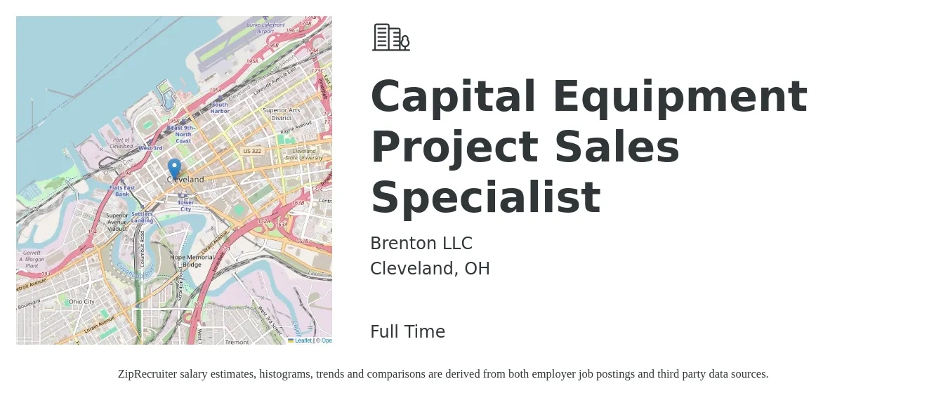 Brenton LLC job posting for a Capital Equipment Project Sales Specialist in Cleveland, OH with a salary of $44,600 to $74,200 Yearly with a map of Cleveland location.