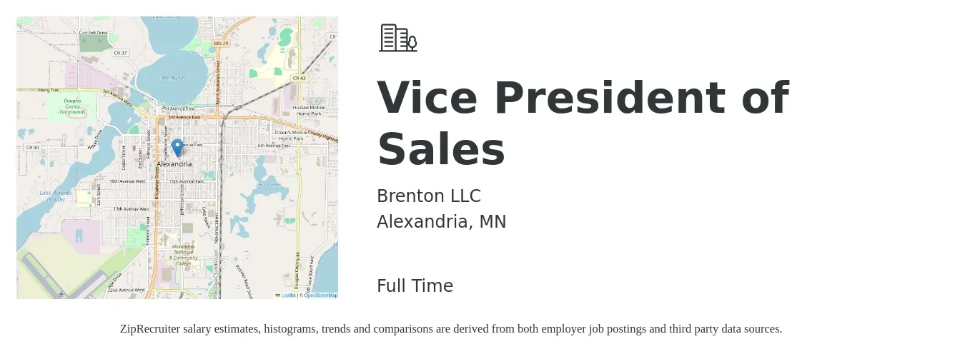 Brenton LLC job posting for a Vice President of Sales in Alexandria, MN with a salary of $120,200 to $187,600 Yearly with a map of Alexandria location.