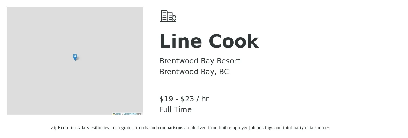 Brentwood Bay Resort job posting for a Line Cook in Brentwood Bay, BC with a salary of $20 to $24 Hourly with a map of Brentwood Bay location.