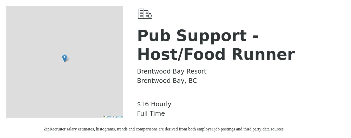 Brentwood Bay Resort job posting for a Pub Support - Host/Food Runner in Brentwood Bay, BC with a salary of $17 Hourly with a map of Brentwood Bay location.