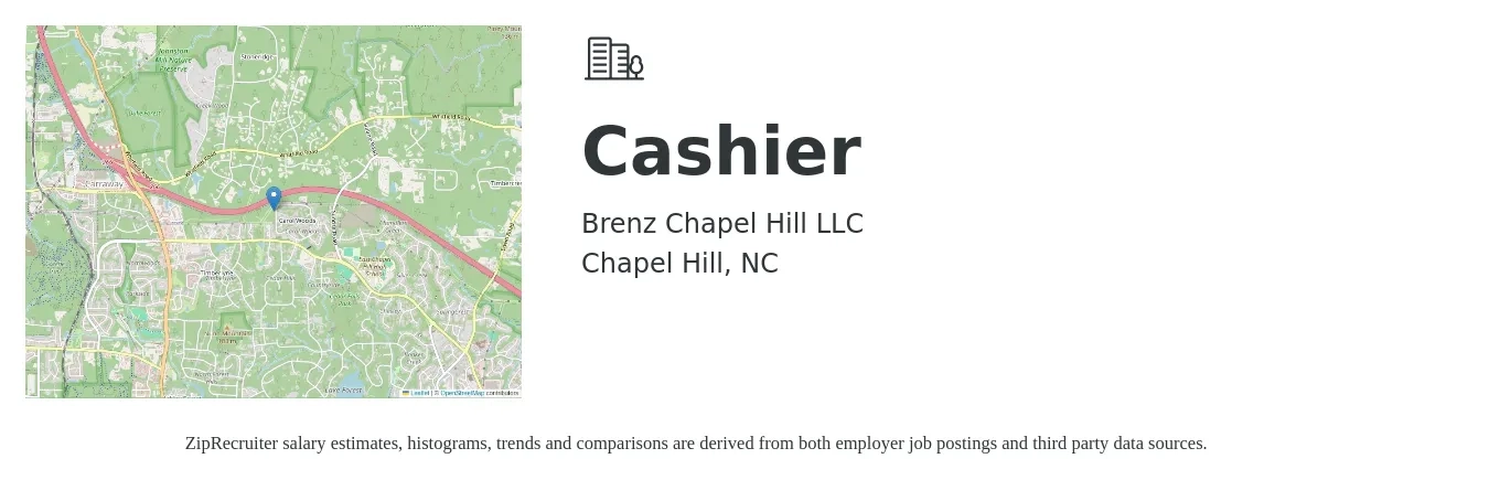 Brenz Chapel Hill LLC job posting for a Cashier in Chapel Hill, NC with a salary of $10 to $13 Hourly with a map of Chapel Hill location.