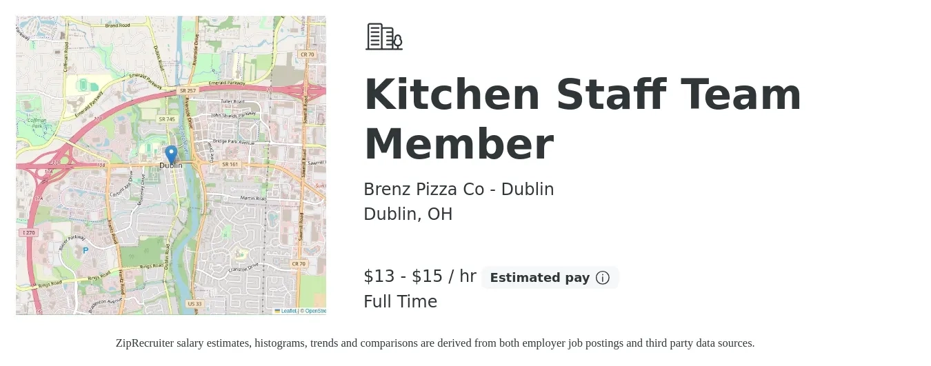Brenz Pizza Co - Dublin job posting for a Kitchen Staff Team Member in Dublin, OH with a salary of $14 to $16 Hourly with a map of Dublin location.