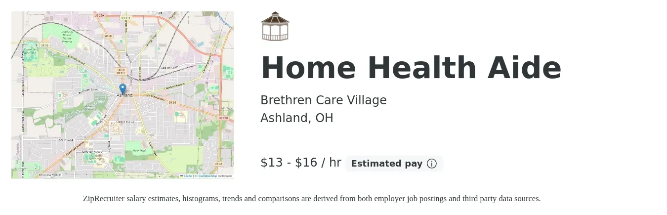 Brethren Care Village job posting for a Home Health Aide in Ashland, OH with a salary of $14 to $17 Hourly with a map of Ashland location.