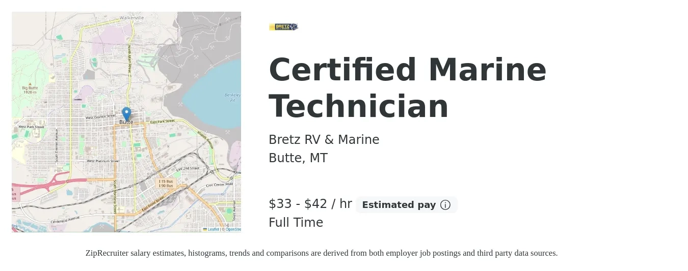 Bretz RV & Marine job posting for a Certified Marine Technician in Butte, MT with a salary of $35 to $44 Hourly with a map of Butte location.