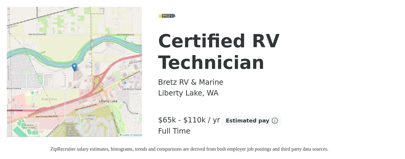 Bretz RV & Marine job posting for a Certified RV Technician in Liberty Lake, WA with a salary of $65,000 to $110,000 Yearly with a map of Liberty Lake location.