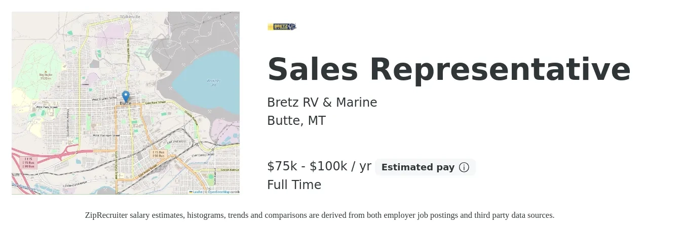 Bretz RV & Marine job posting for a Sales Representative in Butte, MT with a salary of $75,000 to $100,000 Yearly with a map of Butte location.