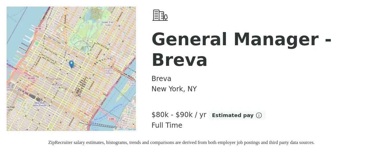 Breva job posting for a General Manager - Breva in New York, NY with a salary of $95,000 to $110,000 Yearly with a map of New York location.