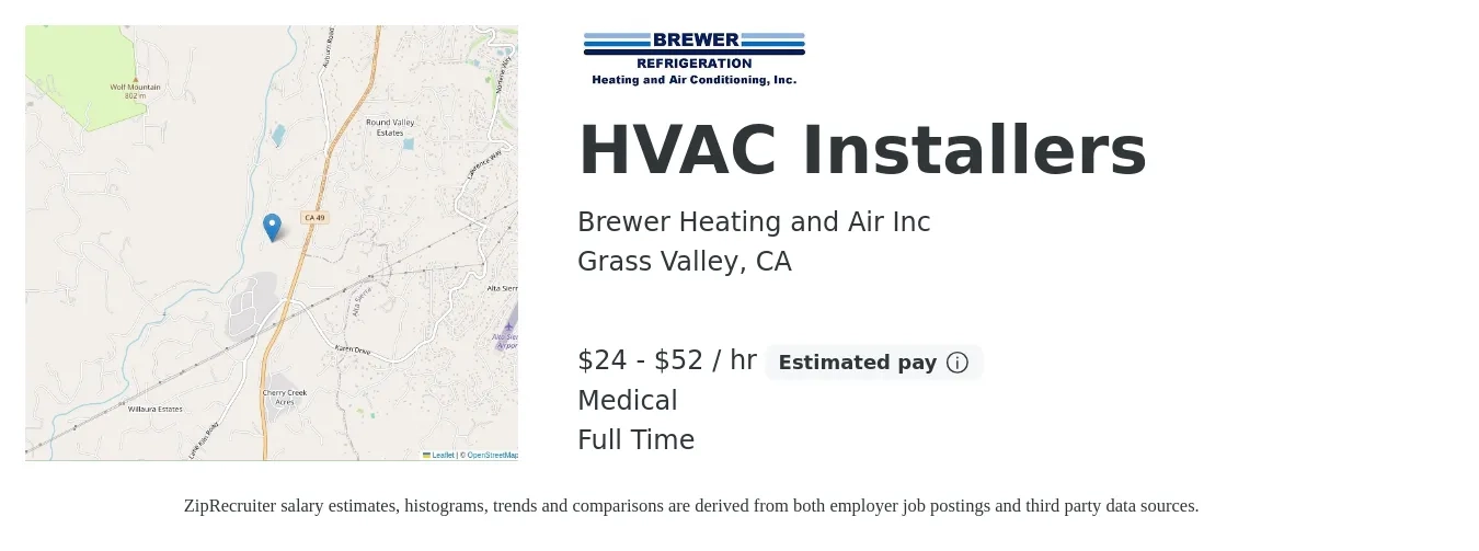 Brewer Heating and Air Inc job posting for a HVAC Installers in Grass Valley, CA with a salary of $25 to $55 Hourly and benefits including pto, retirement, and medical with a map of Grass Valley location.