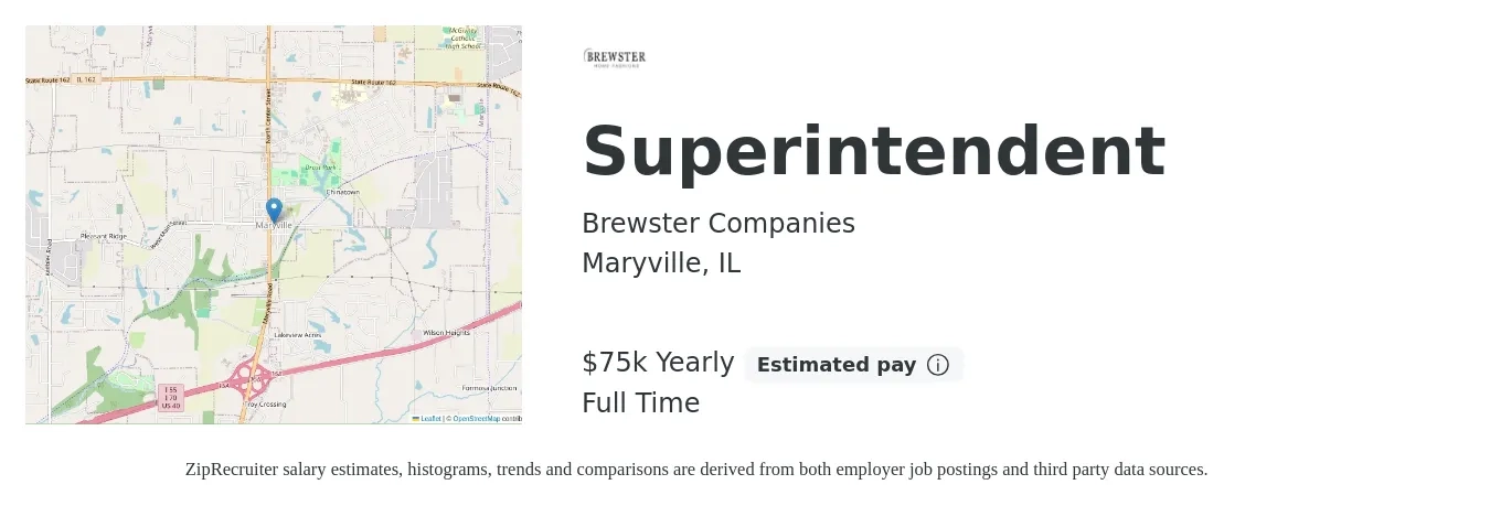 Brewster Companies job posting for a Superintendent in Maryville, IL with a salary of $75,000 Yearly with a map of Maryville location.