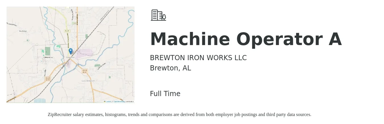 BREWTON IRON WORKS LLC job posting for a Machine Operator A in Brewton, AL with a salary of $14 to $16 Hourly with a map of Brewton location.