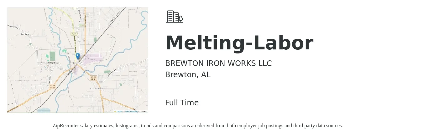 BREWTON IRON WORKS LLC job posting for a Melting-Labor in Brewton, AL with a salary of $14 to $41 Hourly with a map of Brewton location.