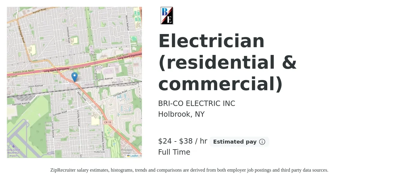 BRI-CO ELECTRIC INC job posting for a Electrician (residential & commercial) in Holbrook, NY with a salary of $25 to $40 Hourly and benefits including pto, and retirement with a map of Holbrook location.