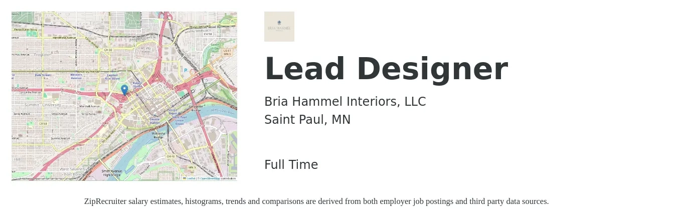 Bria Hammel Interiors, LLC job posting for a Lead Designer in Saint Paul, MN with a salary of $60,000 Yearly with a map of Saint Paul location.