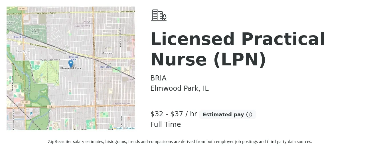 BRIA job posting for a Licensed Practical Nurse (LPN) in Elmwood Park, IL with a salary of $25 to $34 Hourly with a map of Elmwood Park location.
