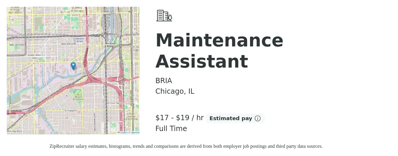 BRIA job posting for a Maintenance Assistant in Chicago, IL with a salary of $18 to $20 Hourly with a map of Chicago location.