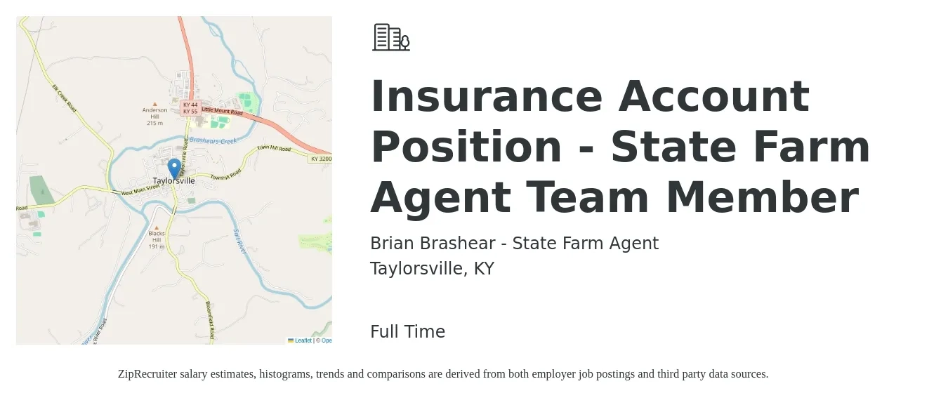 Brian Brashear - State Farm Agent job posting for a Insurance Account Position - State Farm Agent Team Member in Taylorsville, KY with a salary of $37,700 to $51,800 Yearly with a map of Taylorsville location.