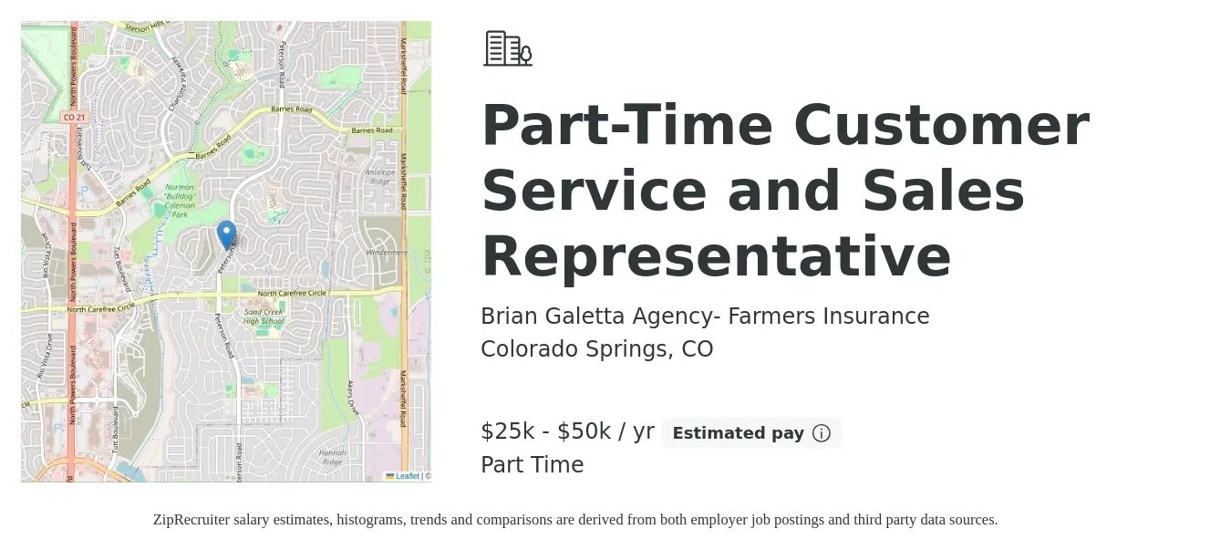 Brian Galetta Agency- Farmers Insurance job posting for a Part-Time Customer Service and Sales Representative in Colorado Springs, CO with a salary of $25,000 to $50,000 Yearly with a map of Colorado Springs location.