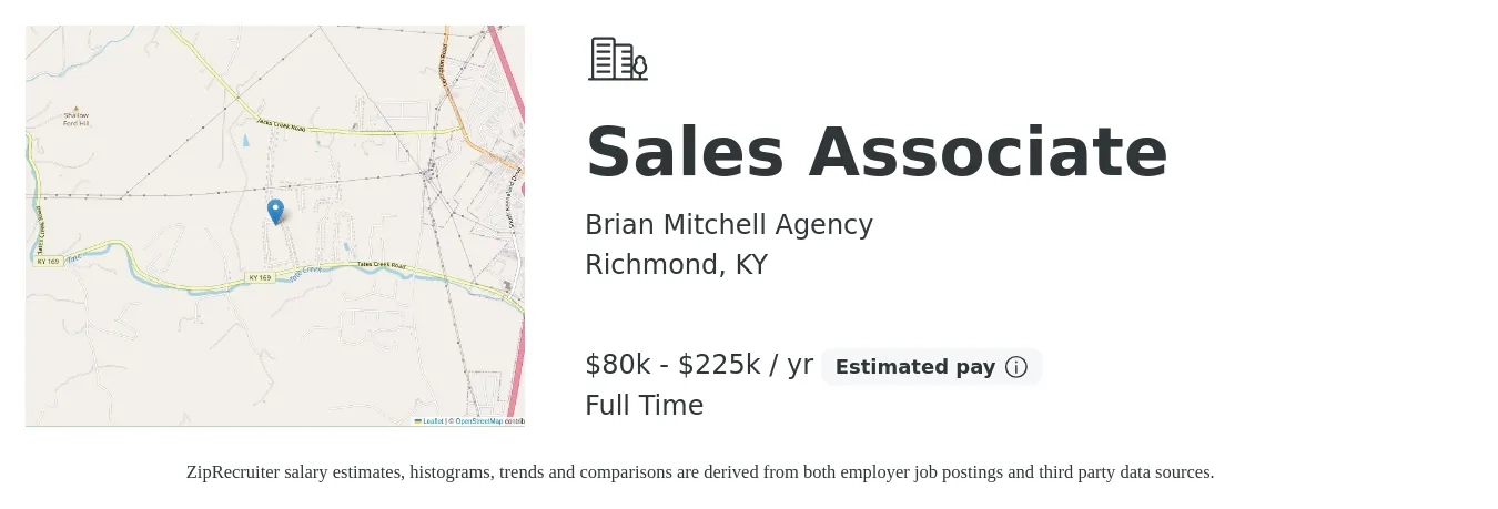 Brian Mitchell Agency job posting for a Sales Associate in Richmond, KY with a salary of $80,000 to $225,000 Yearly with a map of Richmond location.