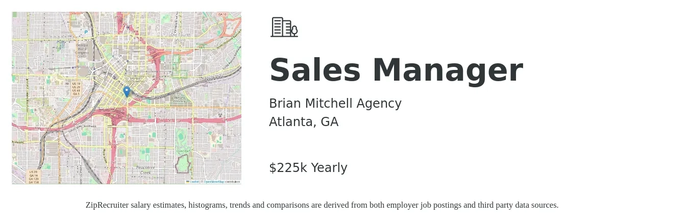Brian Mitchell Agency job posting for a Sales Manager in Atlanta, GA with a salary of $80,000 to $225,000 Yearly with a map of Atlanta location.