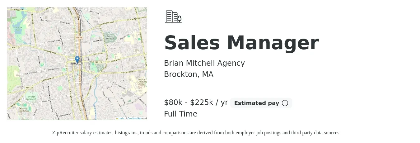 Brian Mitchell Agency job posting for a Sales Manager in Brockton, MA with a salary of $80,000 to $225,000 Yearly with a map of Brockton location.