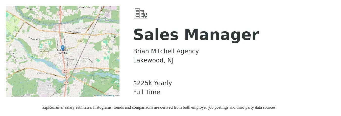 Brian Mitchell Agency job posting for a Sales Manager in Lakewood, NJ with a salary of $80,000 to $225,000 Yearly with a map of Lakewood location.