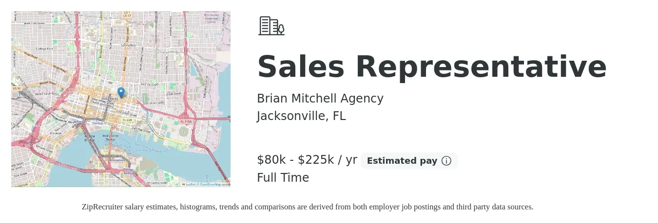 Brian Mitchell Agency job posting for a Sales Representative in Jacksonville, FL with a salary of $80,000 to $225,000 Yearly with a map of Jacksonville location.