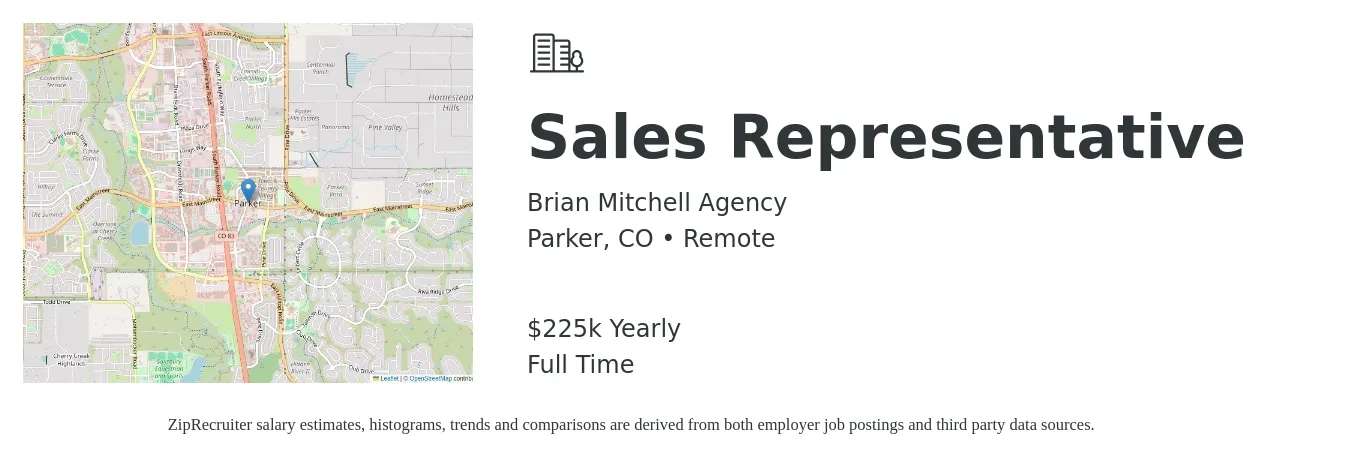 Brian Mitchell Agency job posting for a Sales Representative in Parker, CO with a salary of $225,000 Yearly with a map of Parker location.