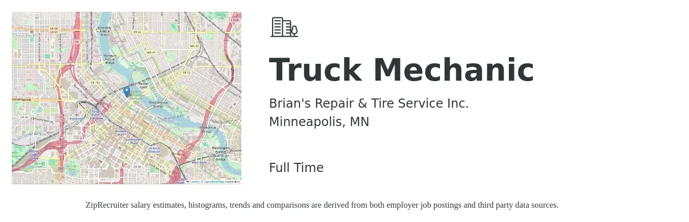 Brian's Repair & Tire Service Inc. job posting for a Truck Mechanic in Minneapolis, MN with a salary of $25 to $32 Hourly with a map of Minneapolis location.