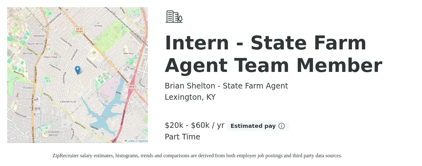 Brian Shelton - State Farm Agent job posting for a Intern - State Farm Agent Team Member in Lexington, KY with a salary of $20,000 to $60,000 Yearly with a map of Lexington location.