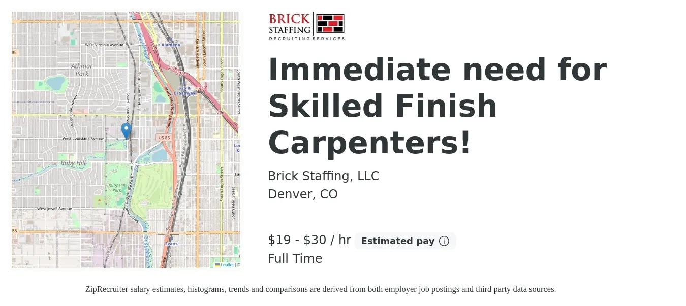Brick Staffing, LLC job posting for a Immediate need for Skilled Finish Carpenters! in Denver, CO with a salary of $20 to $32 Hourly with a map of Denver location.