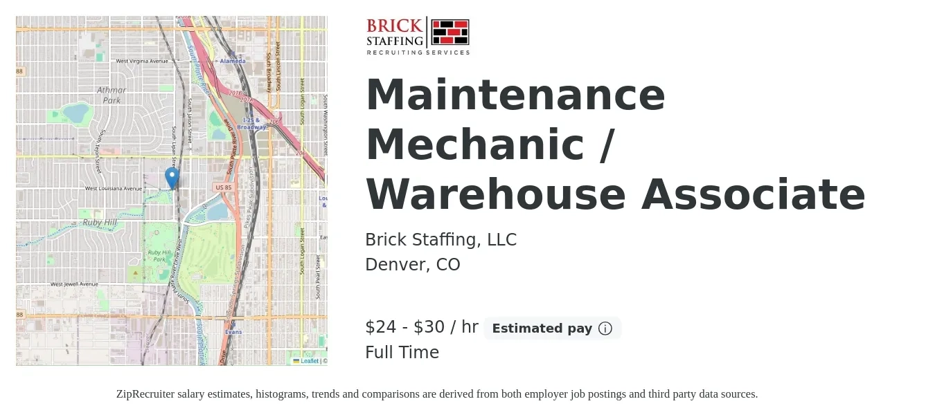 Brick Staffing, LLC job posting for a Maintenance Mechanic / Warehouse Associate in Denver, CO with a salary of $25 to $32 Hourly with a map of Denver location.