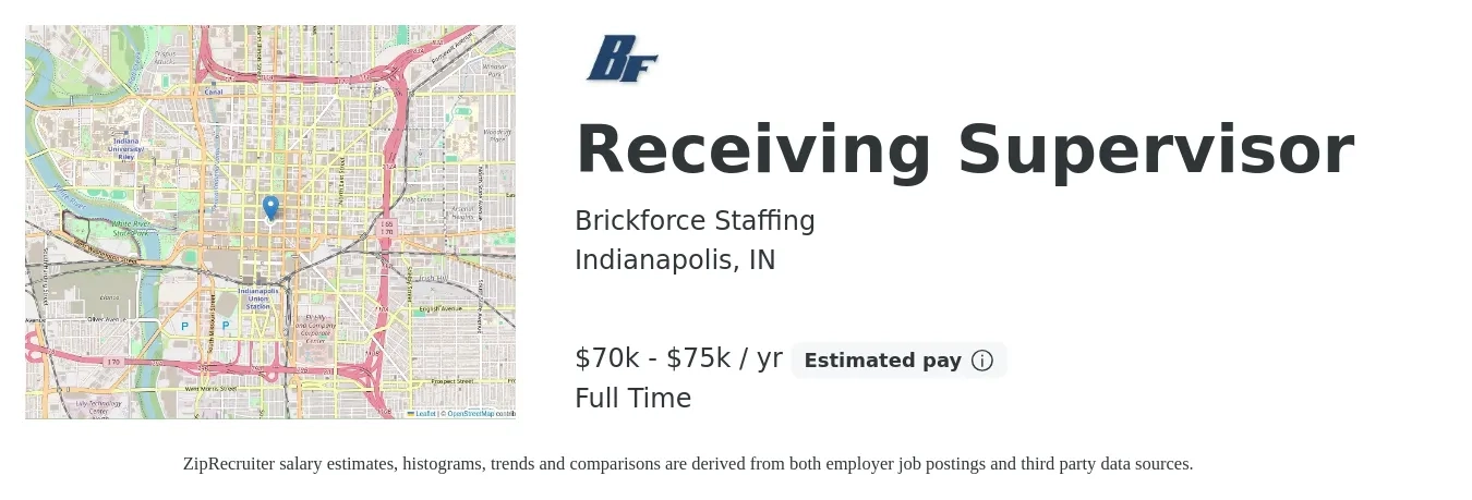 Brickforce Staffing job posting for a Receiving Supervisor in Indianapolis, IN with a salary of $70,000 to $75,000 Yearly with a map of Indianapolis location.
