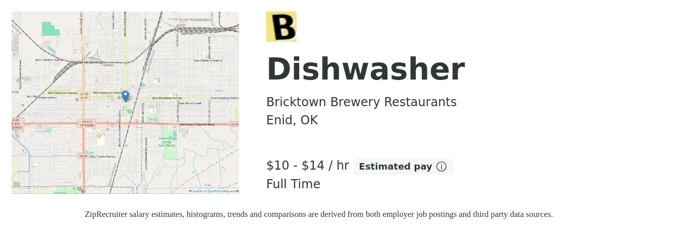 Bricktown Brewery Restaurants job posting for a Dishwasher in Enid, OK with a salary of $11 to $15 Hourly with a map of Enid location.