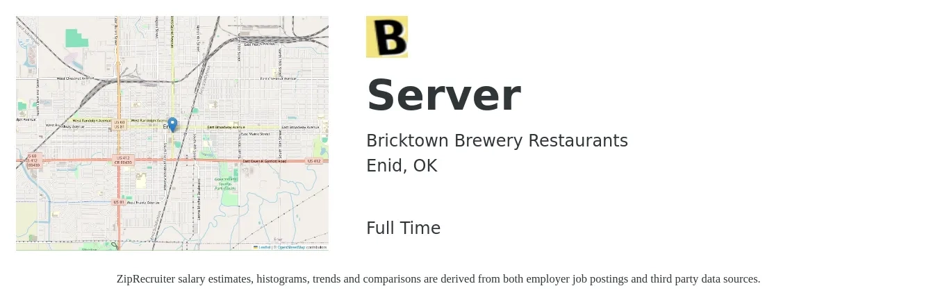 Bricktown Brewery Restaurants job posting for a Server in Enid, OK with a salary of $9 to $14 Hourly with a map of Enid location.