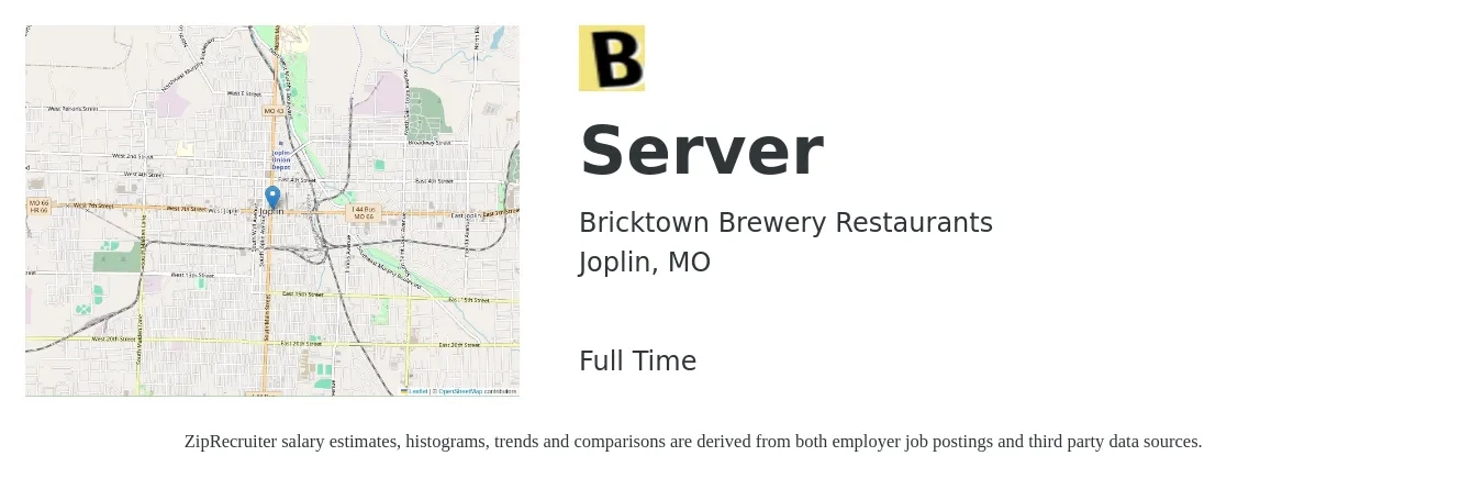 Bricktown Brewery Restaurants job posting for a Server in Joplin, MO with a salary of $10 to $16 Hourly with a map of Joplin location.
