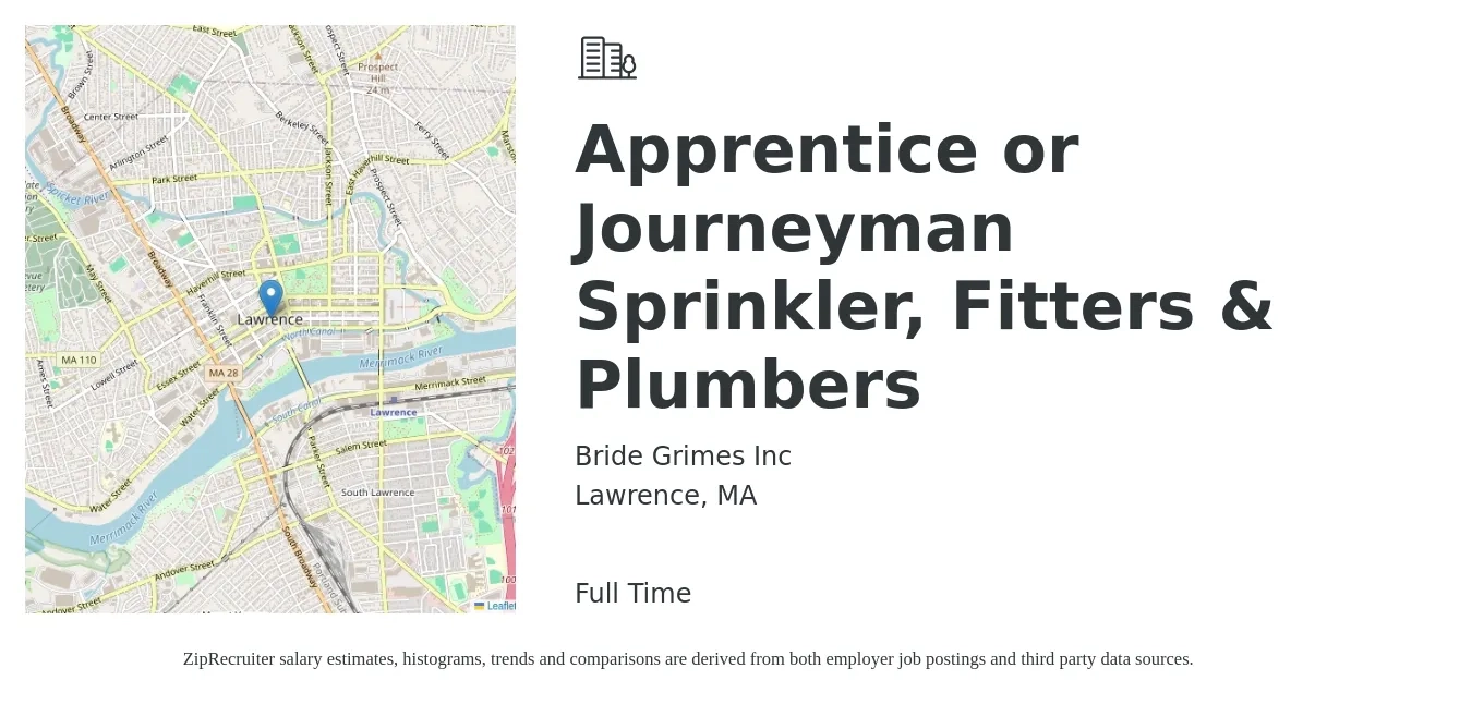 Bride Grimes Inc job posting for a Apprentice or Journeyman Sprinkler, Fitters & Plumbers in Lawrence, MA with a salary of $18 to $25 Hourly with a map of Lawrence location.