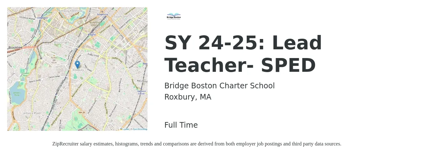Bridge Boston Charter School job posting for a SY 24-25: Lead Teacher- SPED in Roxbury, MA with a salary of $54,300 to $71,600 Yearly with a map of Roxbury location.