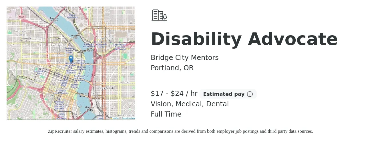 Bridge City Mentors job posting for a Disability Advocate in Portland, OR with a salary of $18 to $25 Hourly and benefits including medical, retirement, vision, and dental with a map of Portland location.