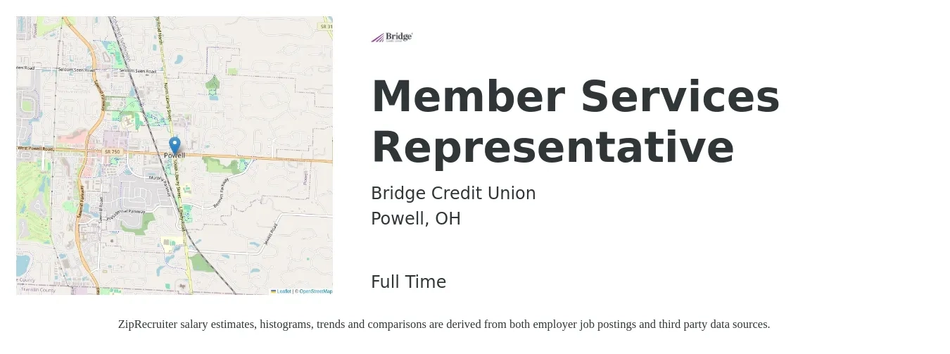 Bridge Credit Union job posting for a Member Services Representative in Powell, OH with a salary of $12 to $19 Hourly with a map of Powell location.