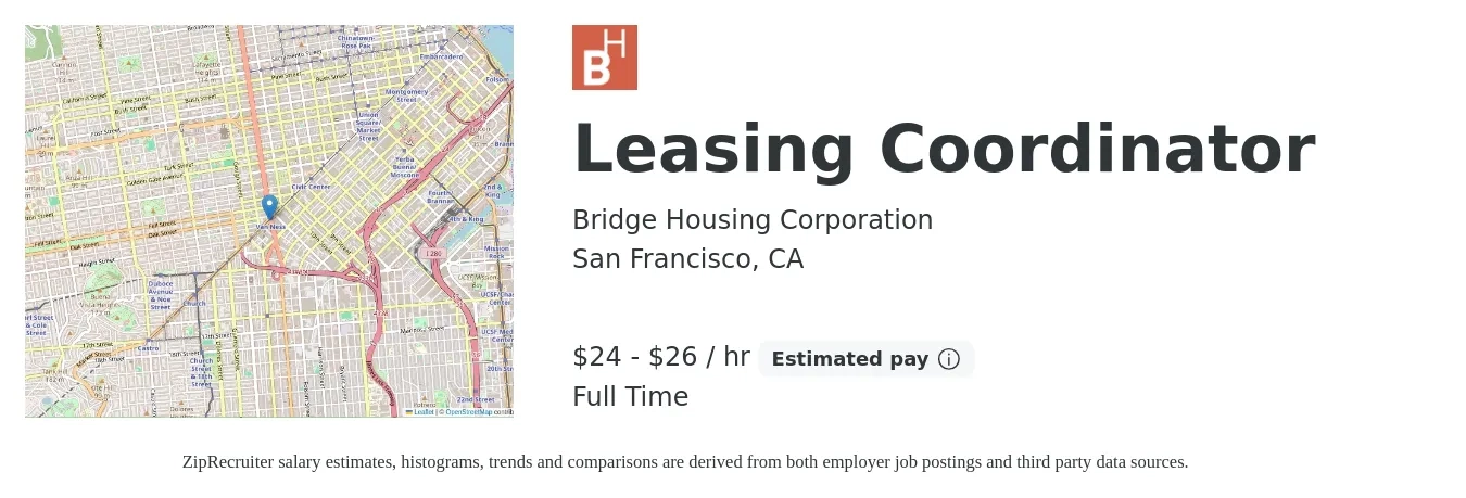 Bridge Housing Corporation job posting for a Leasing Coordinator in San Francisco, CA with a salary of $25 to $28 Hourly with a map of San Francisco location.